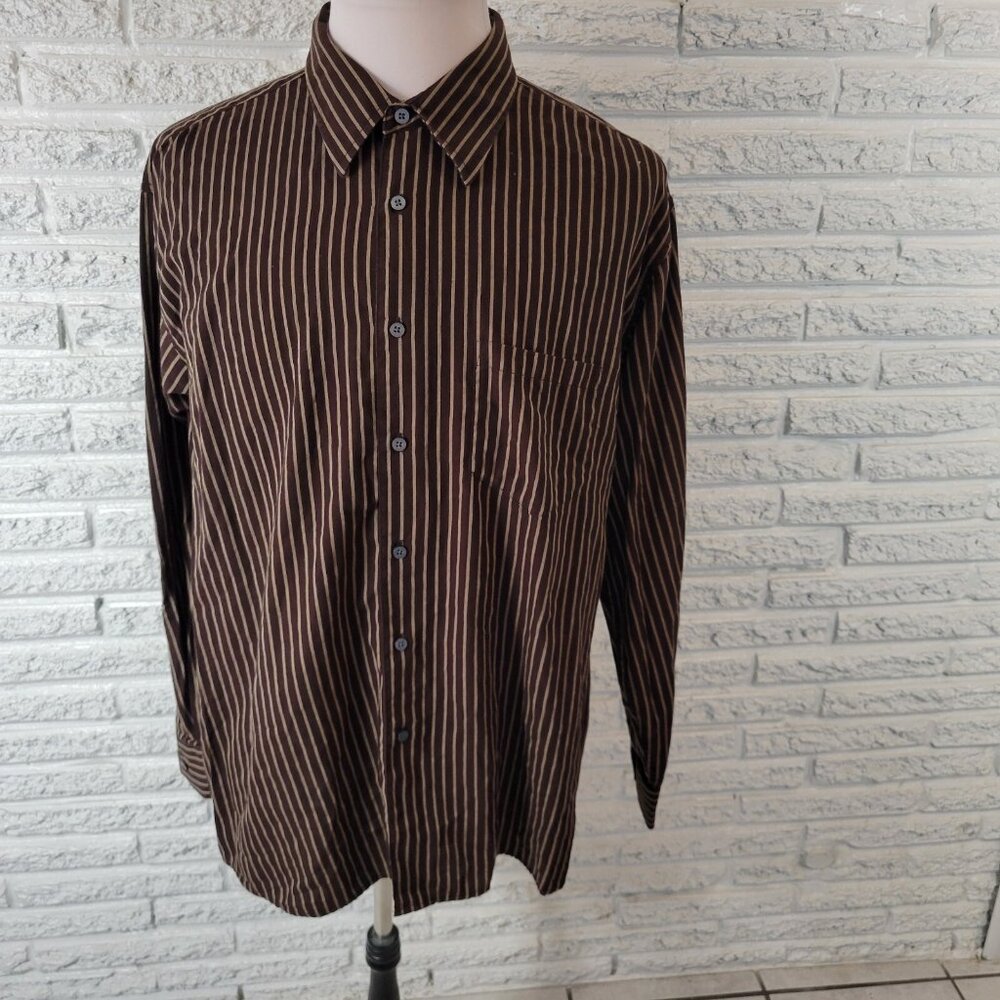 Haggar Mens Shirt XXL Long Sleeve Brown Tan Stripe  No Iron Lightweight STR46E